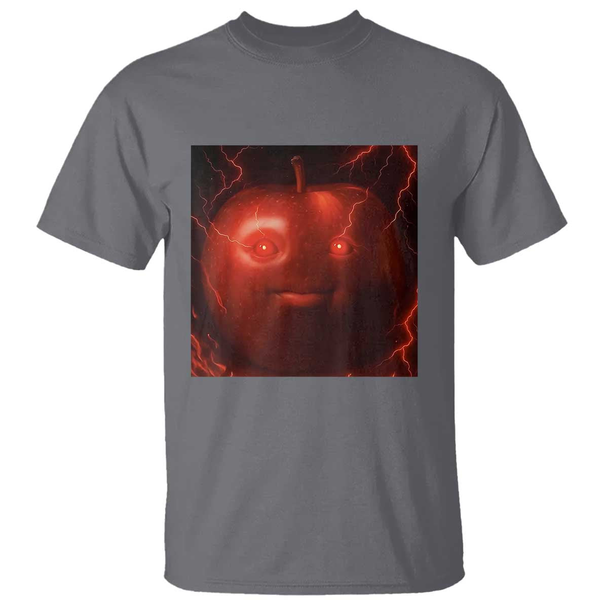 Evil Freaky Apple Meme T Shirt Creepy Dark AI Fruit Face With Glowing Eyes TS02 Charcoal Print Your Wear