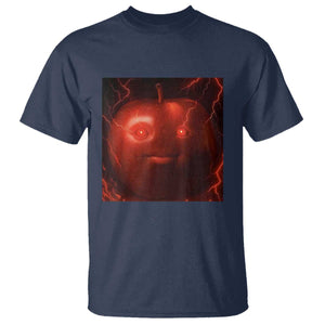 Evil Freaky Apple Meme T Shirt Creepy Dark AI Fruit Face With Glowing Eyes TS02 Navy Print Your Wear