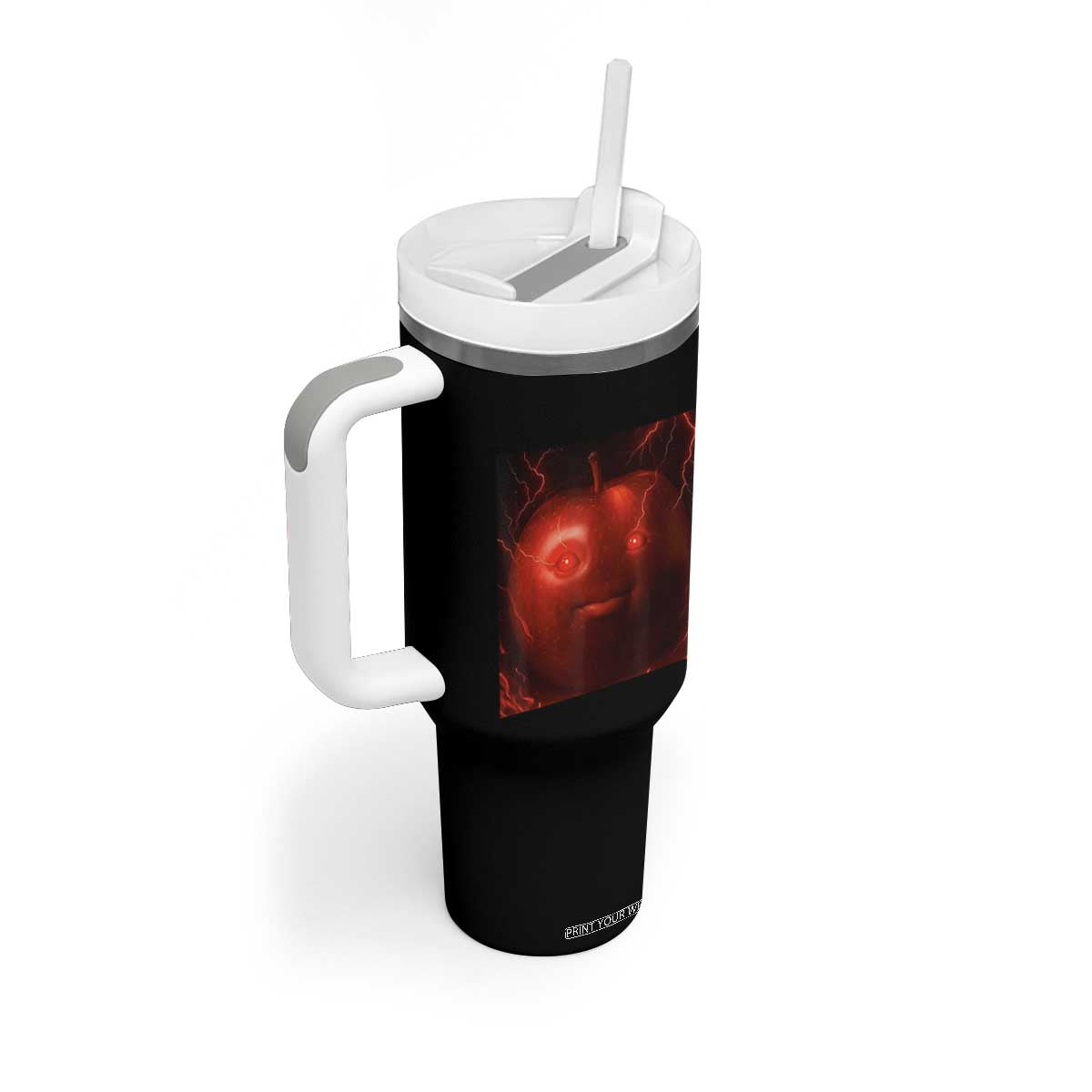 Evil Freaky Apple Meme Tumbler With Handle Creepy Dark AI Fruit Face With Glowing Eyes TS02 Print Your Wear