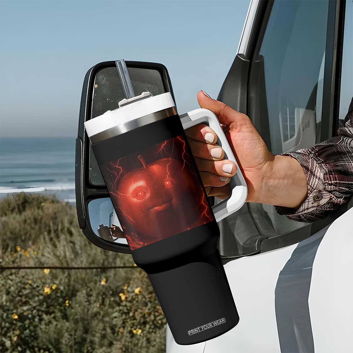 Evil Freaky Apple Meme Tumbler With Handle Creepy Dark AI Fruit Face With Glowing Eyes TS02 Print Your Wear