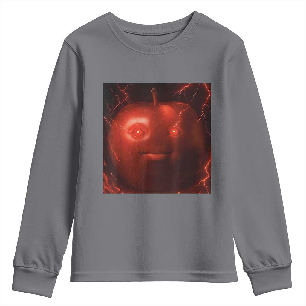 Evil Freaky Apple Meme Youth Sweatshirt Creepy Dark AI Fruit Face With Glowing Eyes TS02 Charcoal Print Your Wear