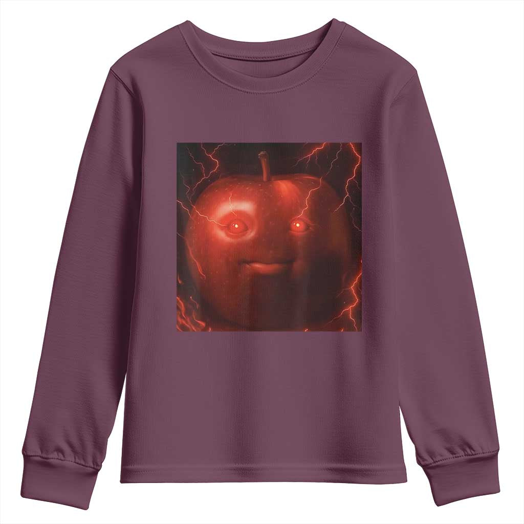 Evil Freaky Apple Meme Youth Sweatshirt Creepy Dark AI Fruit Face With Glowing Eyes TS02 Maroon Print Your Wear