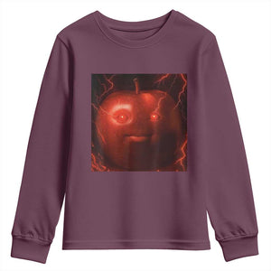 Evil Freaky Apple Meme Youth Sweatshirt Creepy Dark AI Fruit Face With Glowing Eyes TS02 Maroon Print Your Wear