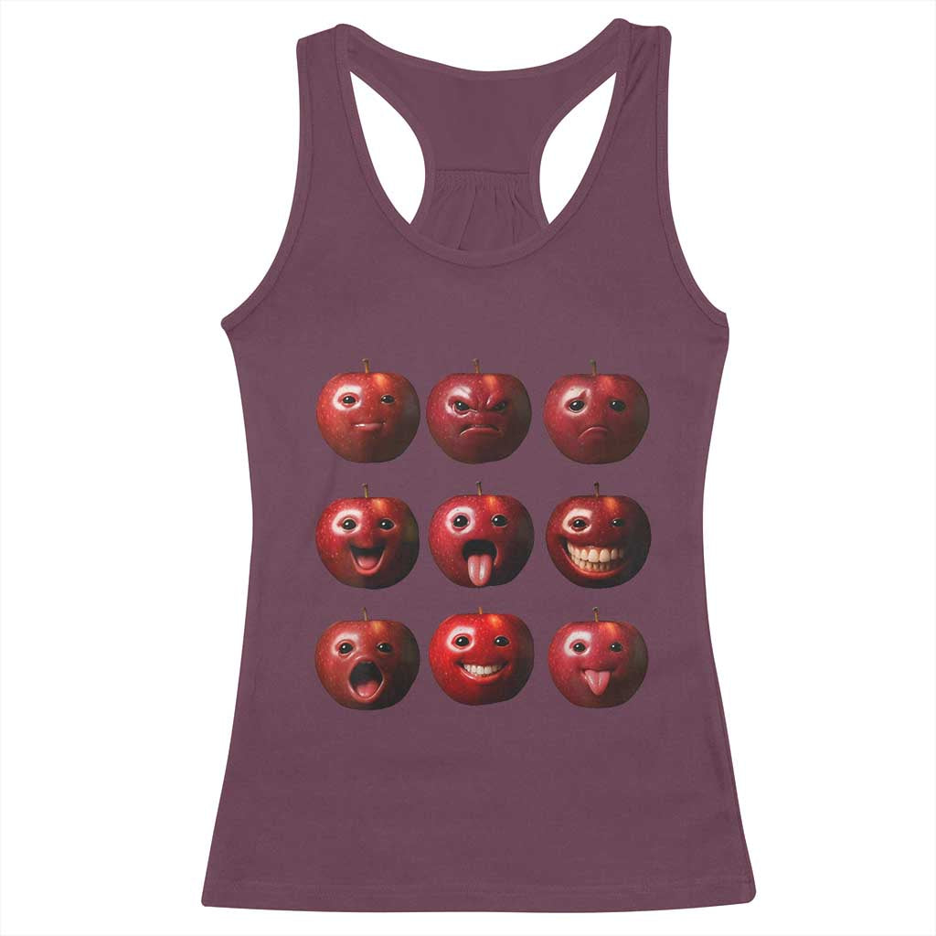 Funny Freaky Apple Faces Meme Graphic Racerback Tank Top Surreal Weird AI Fruit Emotions TS02 Maroon Print Your Wear