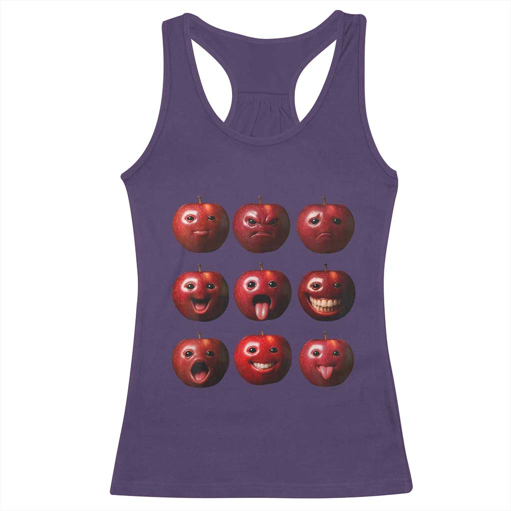 Funny Freaky Apple Faces Meme Graphic Racerback Tank Top Surreal Weird AI Fruit Emotions TS02 Purple Print Your Wear