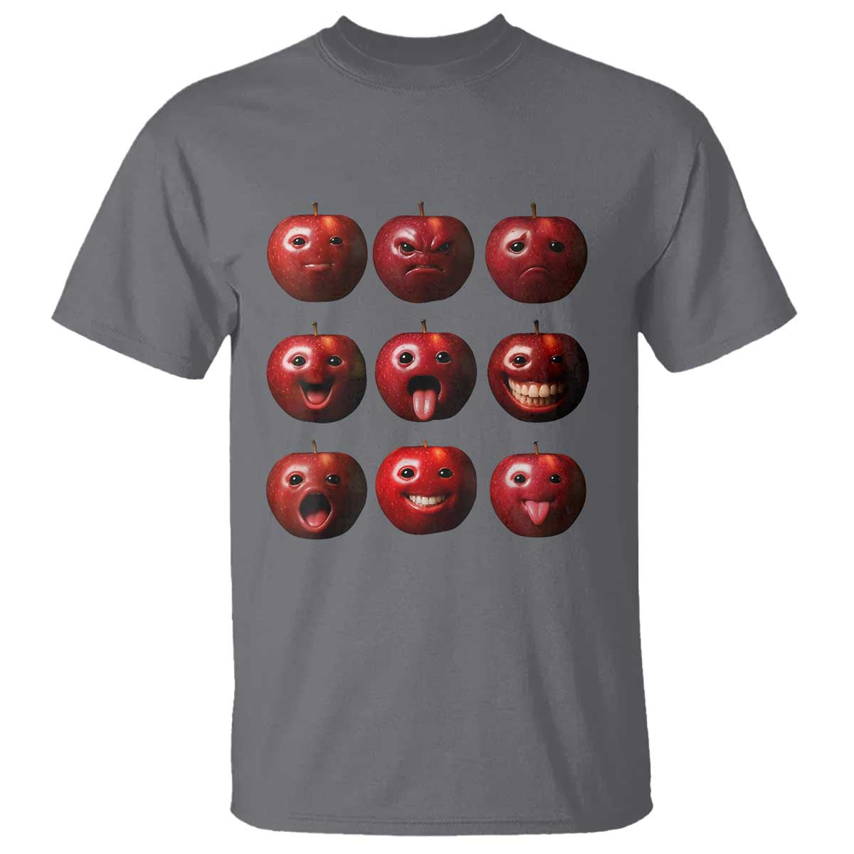 Funny Freaky Apple Faces Meme Graphic T Shirt Surreal Weird AI Fruit Emotions TS02 Charcoal Print Your Wear