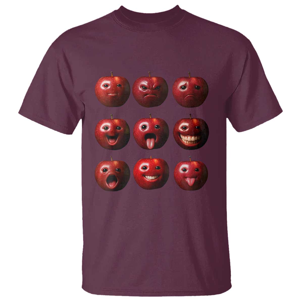 Funny Freaky Apple Faces Meme Graphic T Shirt Surreal Weird AI Fruit Emotions TS02 Maroon Print Your Wear