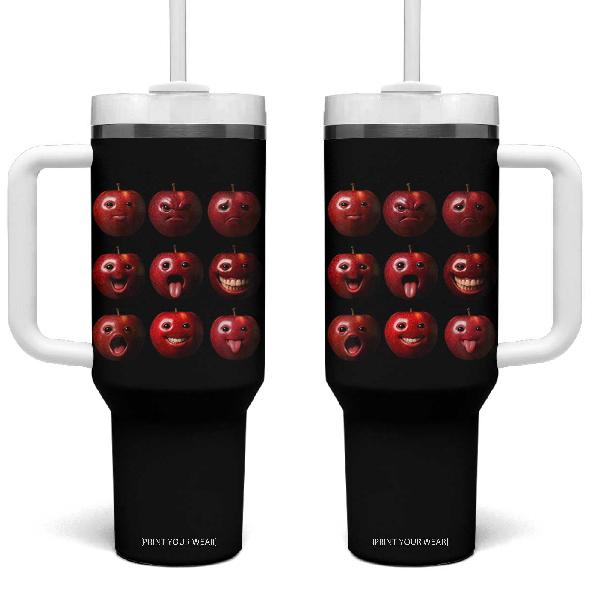 Funny Freaky Apple Faces Meme Graphic Tumbler With Handle Surreal Weird AI Fruit Emotions TS02 One Size: 40 oz Black Print Your Wear