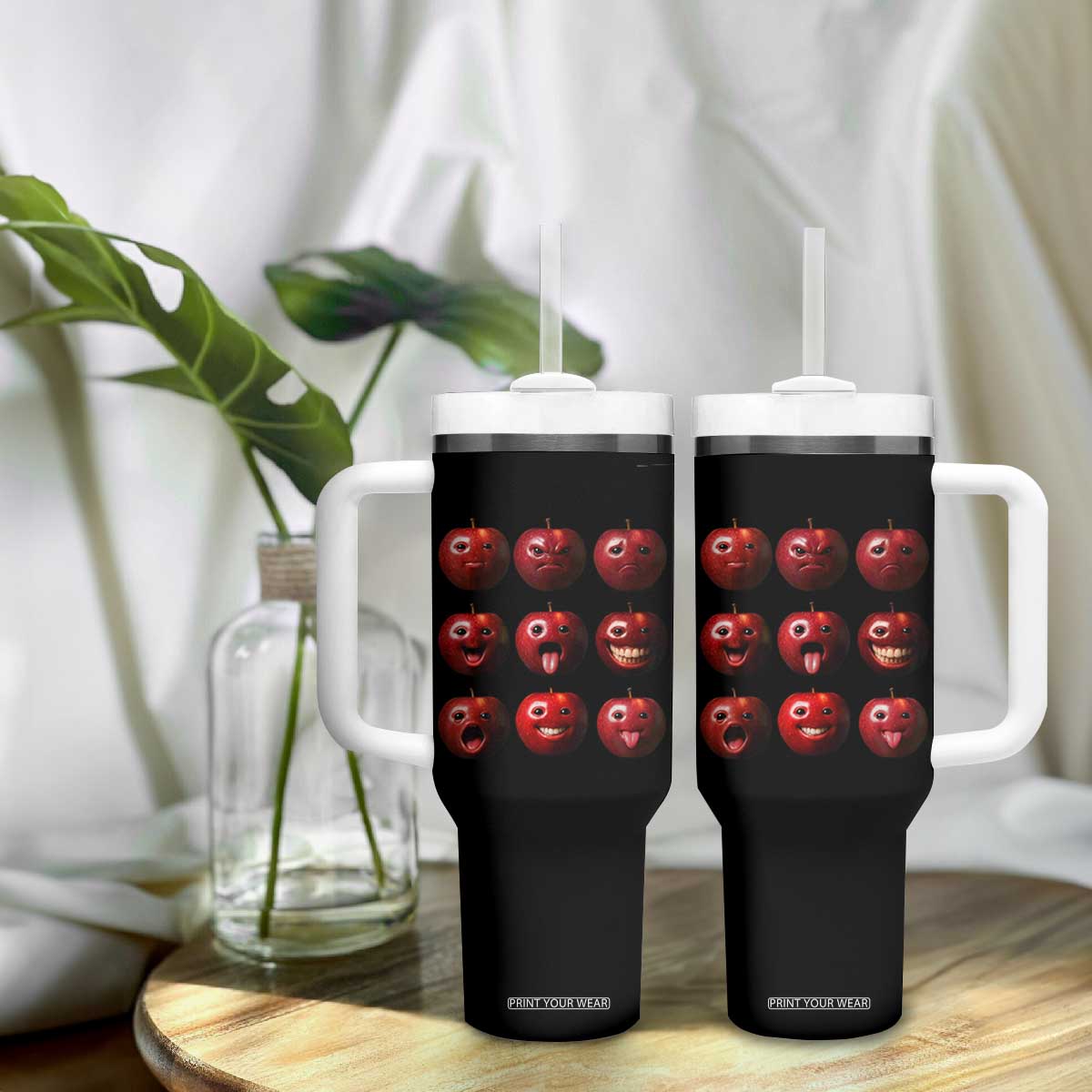Funny Freaky Apple Faces Meme Graphic Tumbler With Handle Surreal Weird AI Fruit Emotions TS02 Print Your Wear
