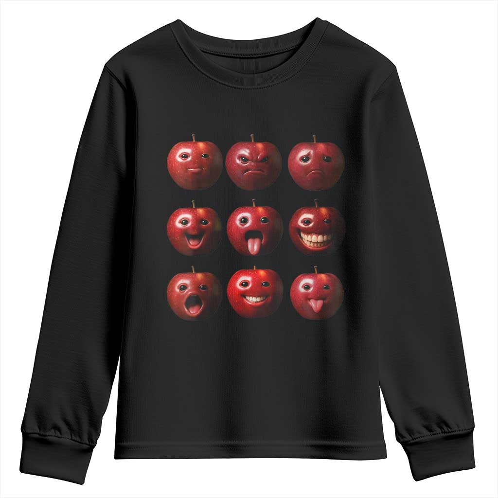 Funny Freaky Apple Faces Meme Graphic Youth Sweatshirt Surreal Weird AI Fruit Emotions TS02 Black Print Your Wear