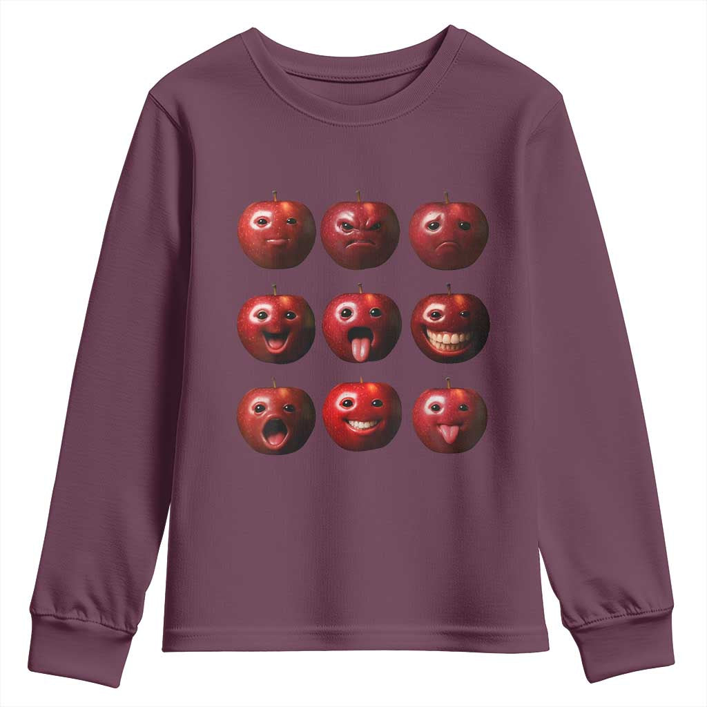 Funny Freaky Apple Faces Meme Graphic Youth Sweatshirt Surreal Weird AI Fruit Emotions TS02 Maroon Print Your Wear