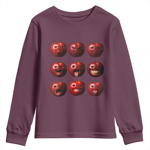 Funny Freaky Apple Faces Meme Graphic Youth Sweatshirt Surreal Weird AI Fruit Emotions TS02 Maroon Print Your Wear