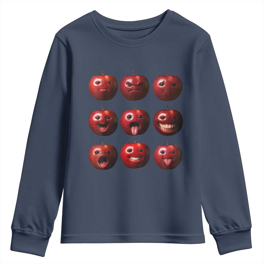 Funny Freaky Apple Faces Meme Graphic Youth Sweatshirt Surreal Weird AI Fruit Emotions TS02 Navy Print Your Wear