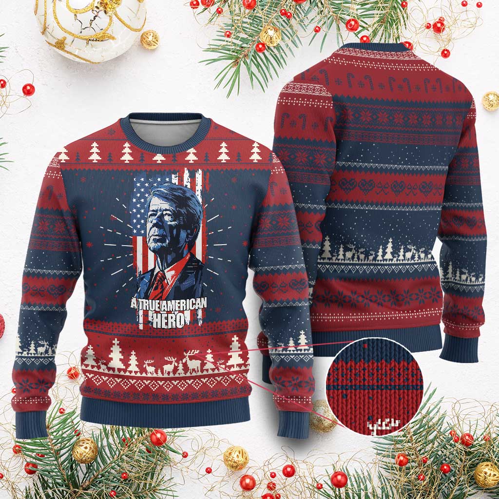 39th President Jimmy Carter Knit Sweatshirt True American Hero US Flag Presidents' Day TS02 Burgundy Print Your Wear
