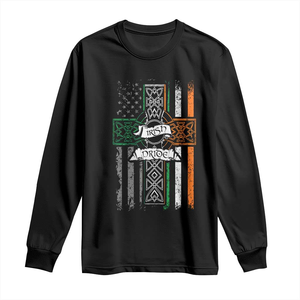 Irish Pride Long Sleeve Shirt American Flag Celtic Cross St Patricks Day TS02 Black Print Your Wear