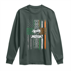 Irish Pride Long Sleeve Shirt American Flag Celtic Cross St Patricks Day TS02 Dark Forest Green Print Your Wear