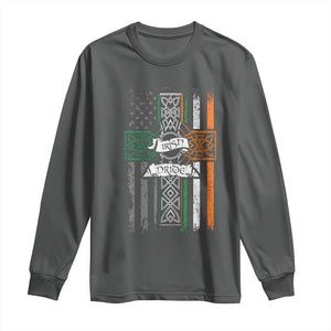 Irish Pride Long Sleeve Shirt American Flag Celtic Cross St Patricks Day TS02 Dark Heather Print Your Wear