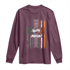 Irish Pride Long Sleeve Shirt American Flag Celtic Cross St Patricks Day TS02 Maroon Print Your Wear