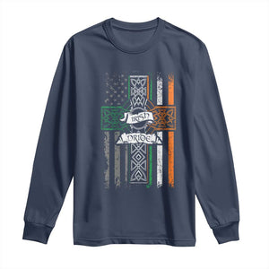 Irish Pride Long Sleeve Shirt American Flag Celtic Cross St Patricks Day TS02 Navy Print Your Wear