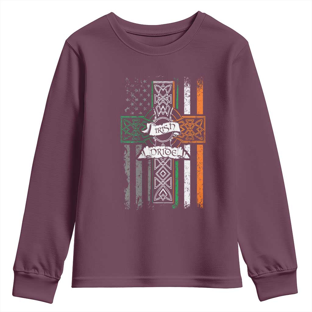 Irish Pride Youth Sweatshirt American Flag Celtic Cross St Patricks Day TS02 Maroon Print Your Wear