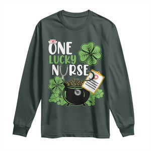 Funny One Lucky Nurse St Patricks Day Long Sleeve Shirt Scrub Life RN ICU ER with Stethoscope TS02 Dark Forest Green Print Your Wear