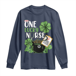 Funny One Lucky Nurse St Patricks Day Long Sleeve Shirt Scrub Life RN ICU ER with Stethoscope TS02 Navy Print Your Wear