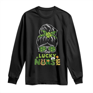 Funny One Lucky Nurse St Patricks Day Long Sleeve Shirt Scrub Life with Messy Bun TS02 Black Print Your Wear