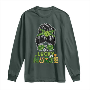 Funny One Lucky Nurse St Patricks Day Long Sleeve Shirt Scrub Life with Messy Bun TS02 Dark Forest Green Print Your Wear