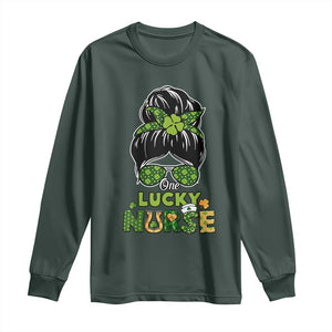 Funny One Lucky Nurse St Patricks Day Long Sleeve Shirt Scrub Life with Messy Bun TS02 Dark Forest Green Print Your Wear