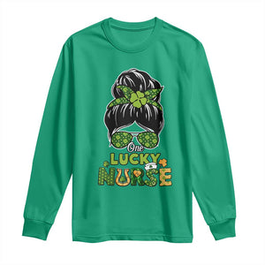 Funny One Lucky Nurse St Patricks Day Long Sleeve Shirt Scrub Life with Messy Bun TS02 Irish Green Print Your Wear