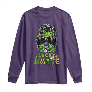 Funny One Lucky Nurse St Patricks Day Long Sleeve Shirt Scrub Life with Messy Bun TS02 Purple Print Your Wear