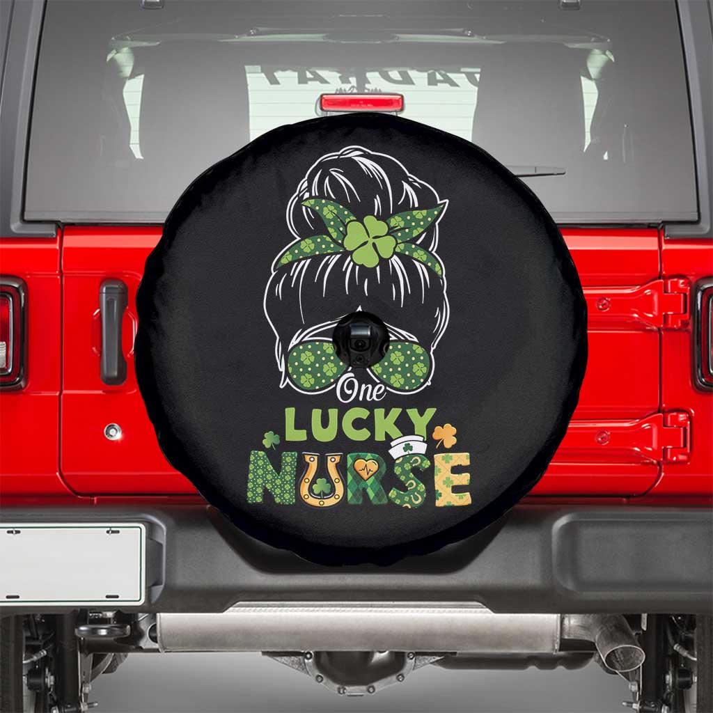 Funny One Lucky Nurse St Patricks Day Spare Tire Cover Scrub Life with Messy Bun TS02 Black Print Your Wear