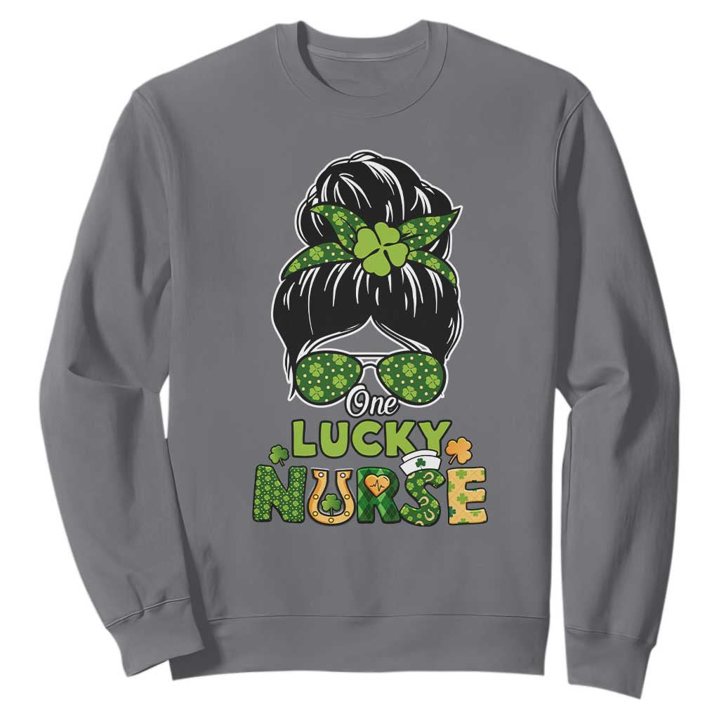 Funny One Lucky Nurse St. Patricks Day Sweatshirt Scrub Life with Messy Bun TS02 Charcoal Printyourwear