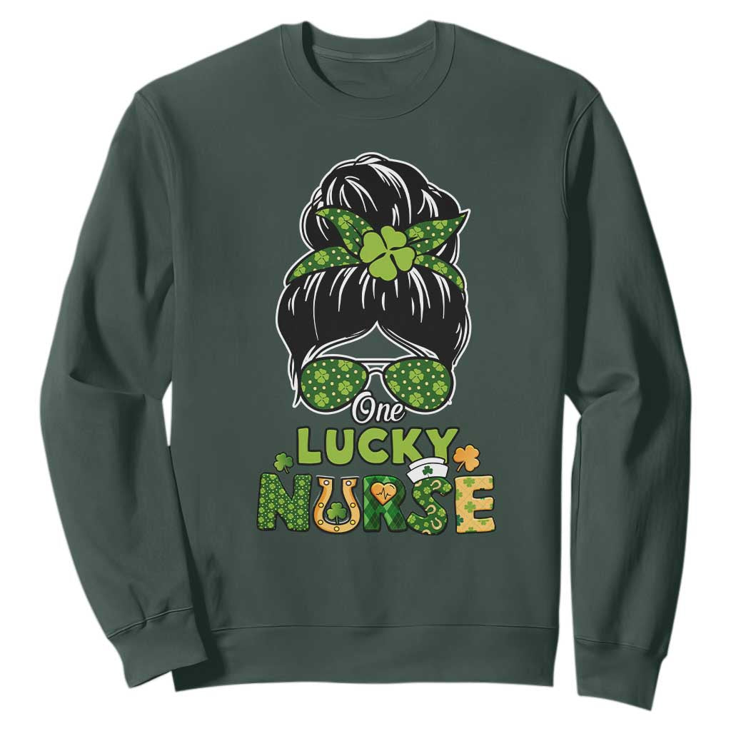 Funny One Lucky Nurse St. Patricks Day Sweatshirt Scrub Life with Messy Bun TS02 Dark Forest Green Printyourwear