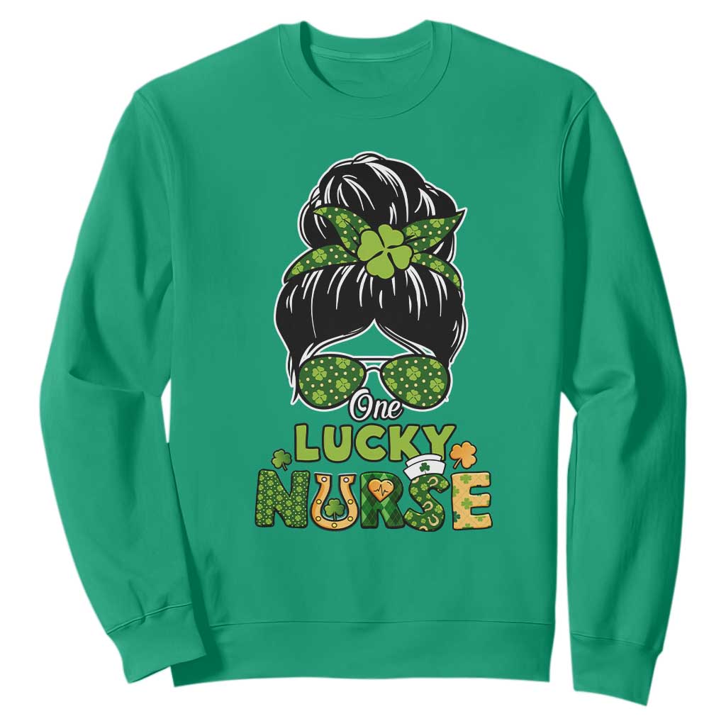 Funny One Lucky Nurse St. Patricks Day Sweatshirt Scrub Life with Messy Bun TS02 Irish Green Printyourwear