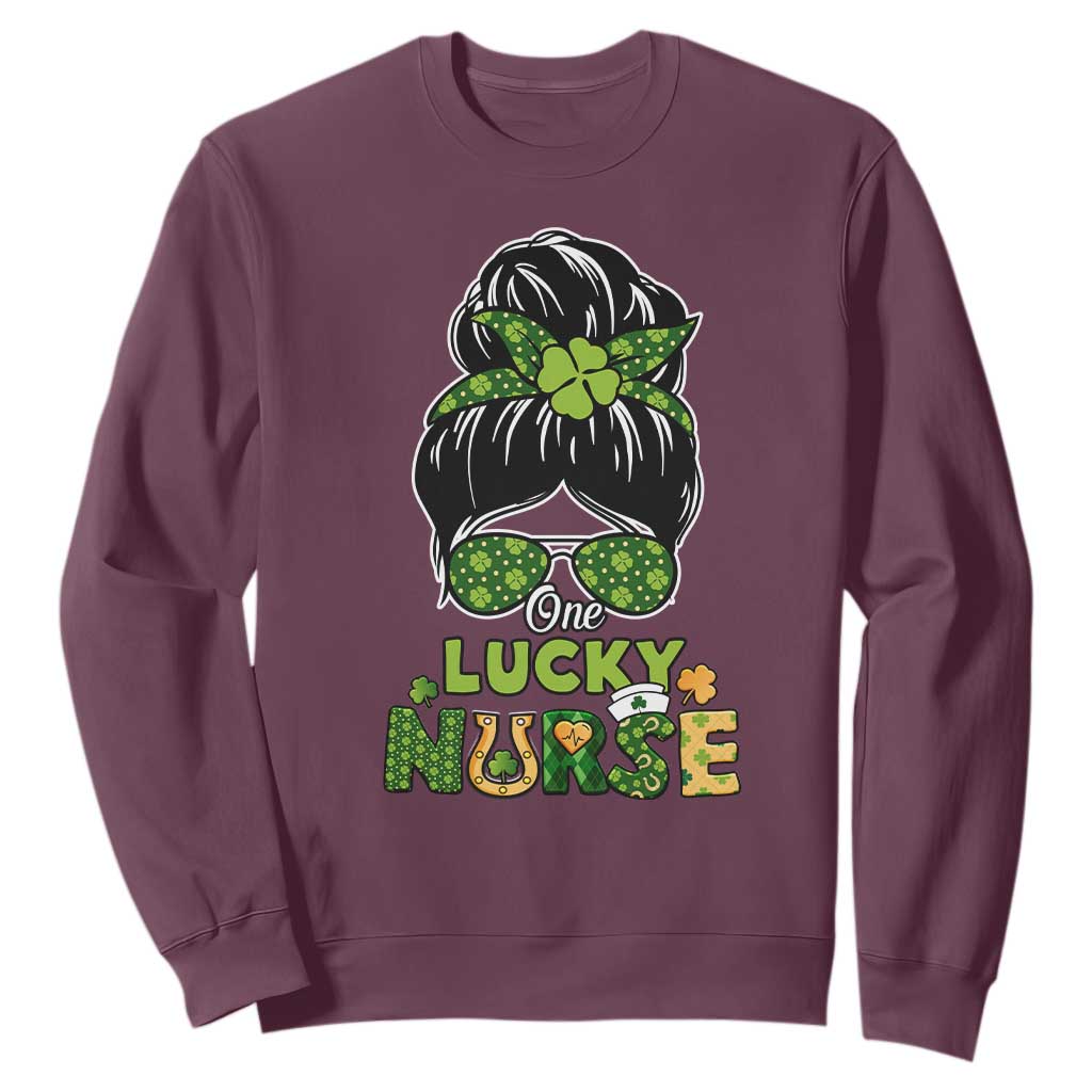 Funny One Lucky Nurse St. Patricks Day Sweatshirt Scrub Life with Messy Bun TS02 Maroon Printyourwear