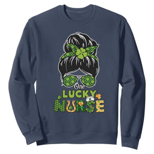 Funny One Lucky Nurse St. Patricks Day Sweatshirt Scrub Life with Messy Bun TS02 Navy Printyourwear