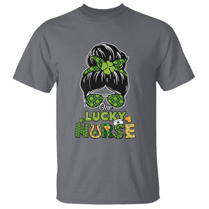 Funny One Lucky Nurse St. Patricks Day T Shirt Scrub Life with Messy Bun TS02 Charcoal Printyourwear