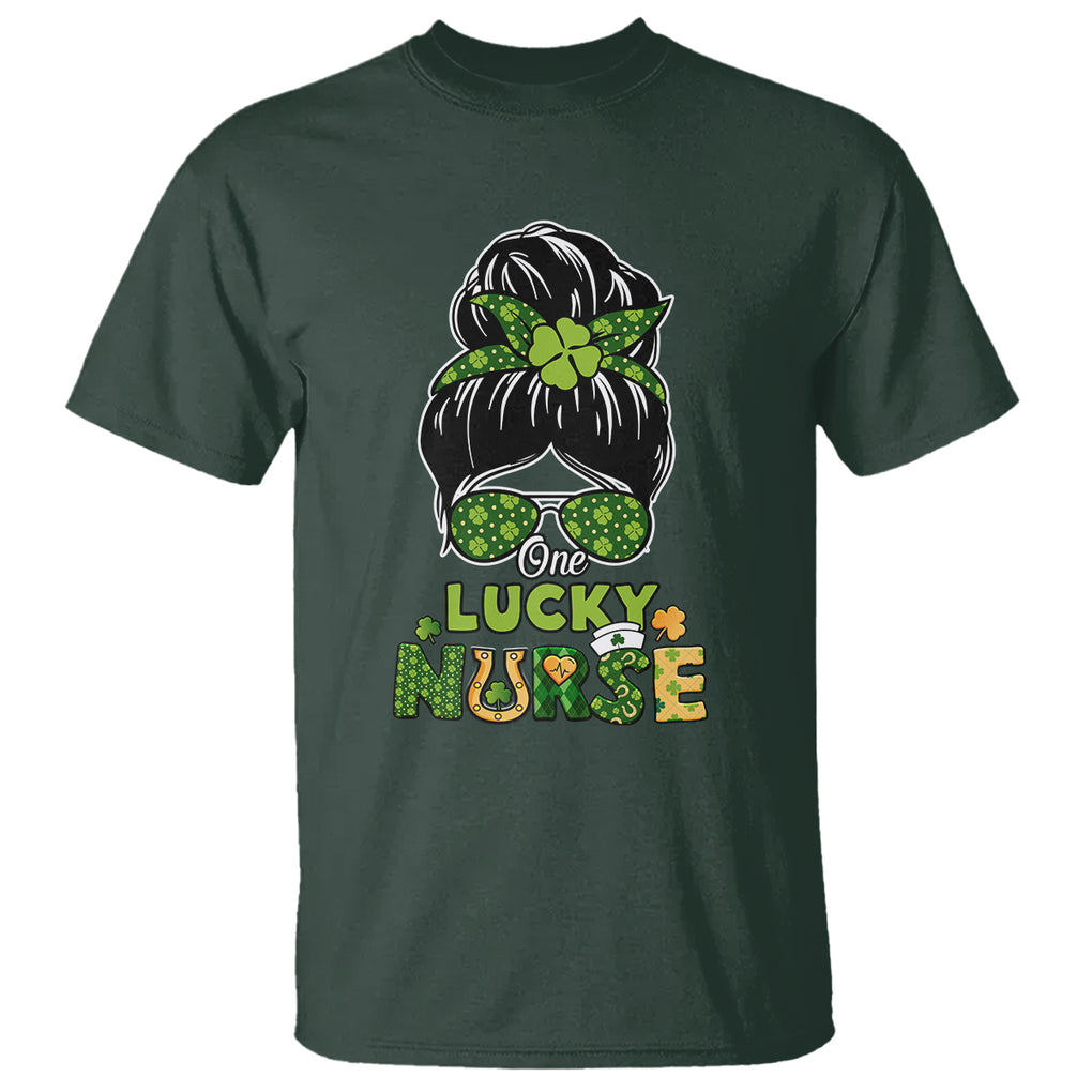 Funny One Lucky Nurse St. Patricks Day T Shirt Scrub Life with Messy Bun TS02 Dark Forest Green Printyourwear