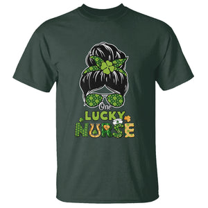 Funny One Lucky Nurse St. Patricks Day T Shirt Scrub Life with Messy Bun TS02 Dark Forest Green Printyourwear