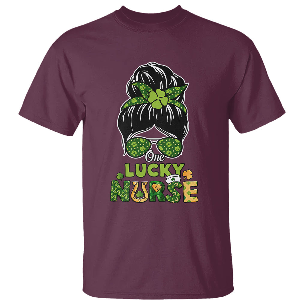 Funny One Lucky Nurse St. Patricks Day T Shirt Scrub Life with Messy Bun TS02 Maroon Printyourwear