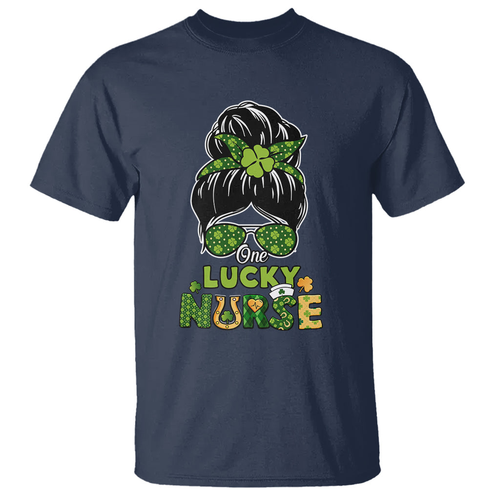 Funny One Lucky Nurse St. Patricks Day T Shirt Scrub Life with Messy Bun TS02 Navy Printyourwear