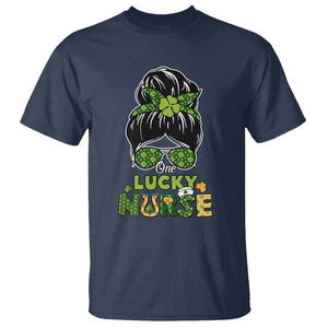 Funny One Lucky Nurse St. Patricks Day T Shirt Scrub Life with Messy Bun TS02 Navy Printyourwear