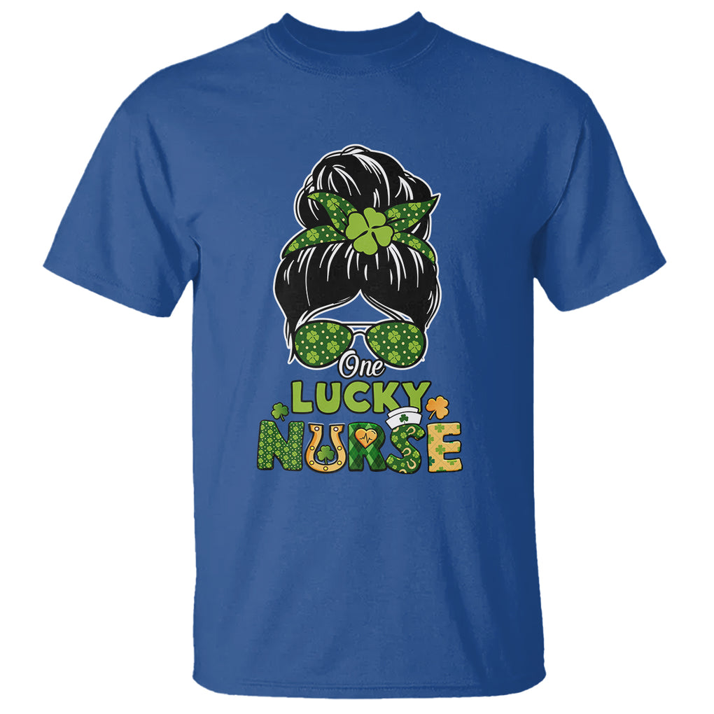 Funny One Lucky Nurse St. Patricks Day T Shirt Scrub Life with Messy Bun TS02 Royal Blue Printyourwear