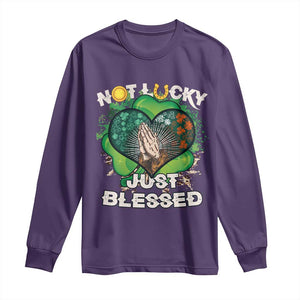 Funny St Patricks Day Long Sleeve Shirt Not Lucky Simply Blessed Shamrock Christian with Praying Hands TS02 Purple Print Your Wear