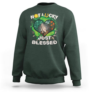 Funny St. Patricks Day Sweatshirt Not Lucky Simply Blessed Shamrock Christian with Praying Hands TS02 Dark Forest Green Printyourwear