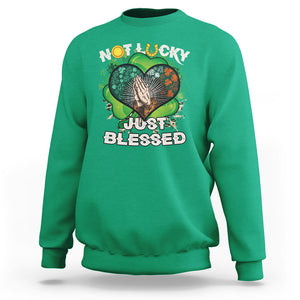 Funny St. Patricks Day Sweatshirt Not Lucky Simply Blessed Shamrock Christian with Praying Hands TS02 Irish Green Printyourwear