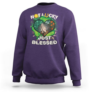 Funny St. Patricks Day Sweatshirt Not Lucky Simply Blessed Shamrock Christian with Praying Hands TS02 Purple Printyourwear