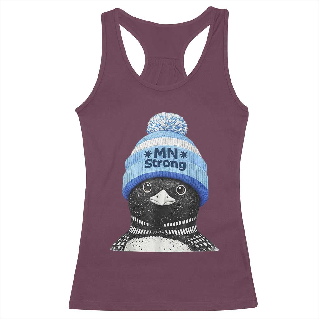 MN Strong Winter Loon with Blue Beanie Racerback Tank Top Stand with Minnesota Justice Protest TS02 Maroon Print Your Wear