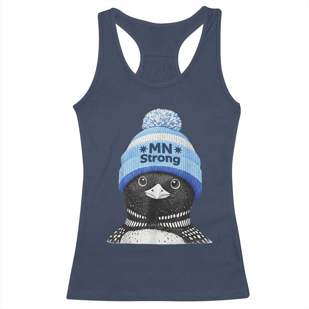 MN Strong Winter Loon with Blue Beanie Racerback Tank Top Stand with Minnesota Justice Protest TS02 Navy Print Your Wear